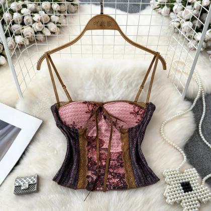 Vintage-inspired Denim And Lace Corset Top