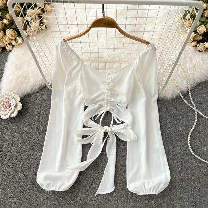 Elegant Golden Satin Blouse With Bow Tie Front