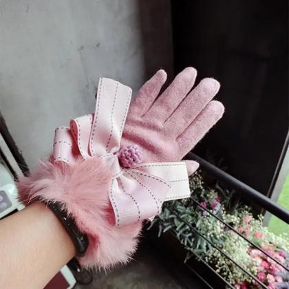 Womens Elegant Pink Faux Fur Bow-knot Winter..