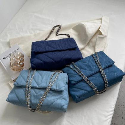 Chic Denim Quilted Chain Strap Shoulder Bag