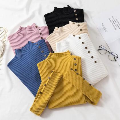 Ribbed Knit Turtleneck Sweater With Button..
