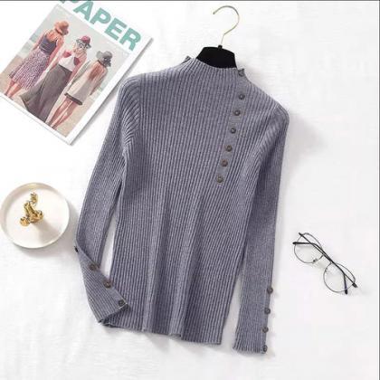 Ribbed Knit Turtleneck Sweater With Button..