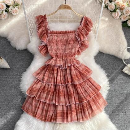 Womens Pink Plaid Puff Sleeve Dress With Bow..