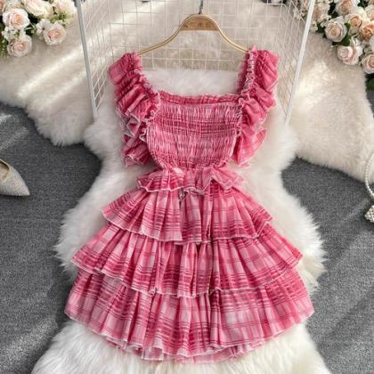 Womens Pink Plaid Puff Sleeve Dress With Bow..