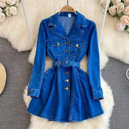 Womens Belted Button-up Denim Dress With Pockets
