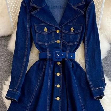 Womens Belted Button-up Denim Dress With Pockets