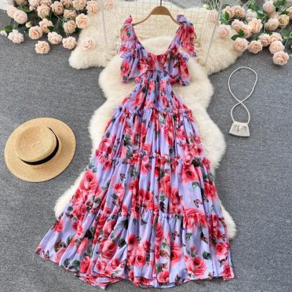Womens Floral Ruffled Shoulder Tie Maxi Dress In..