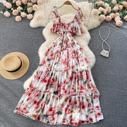 Womens Floral Ruffled Shoulder Tie Maxi Dress In..