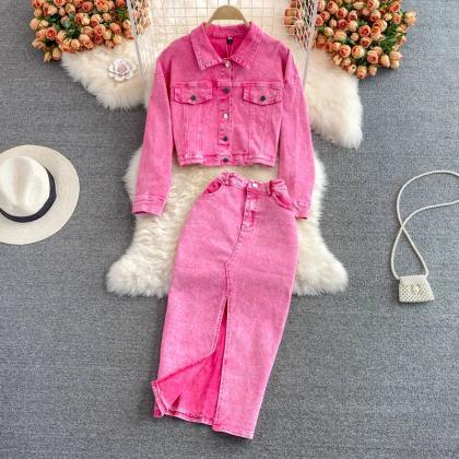 Womens Pink Denim Cropped Jacket And Skirt Set