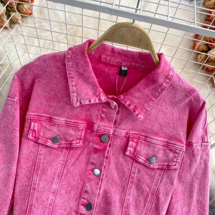 Womens Pink Denim Cropped Jacket And Skirt Set