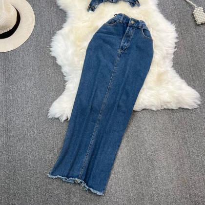 Womens Denim Ruffle Crop Top And Jeans Set