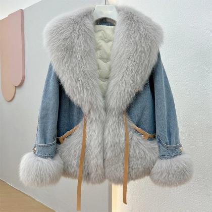 Luxurious Faux Fur Collar Denim Jacket With..