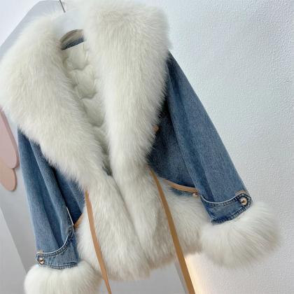 Luxurious Faux Fur Collar Denim Jacket With..