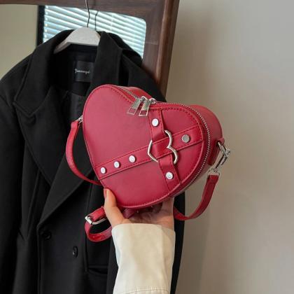 Chic Red Heart-shaped Crossbody Bag With Silver..