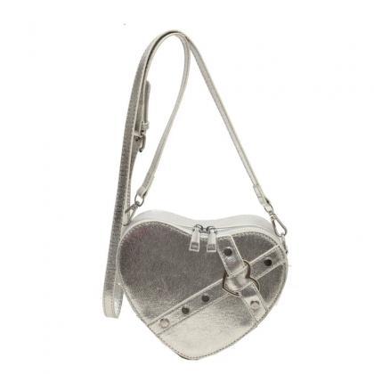 Chic Red Heart-shaped Crossbody Bag With Silver..