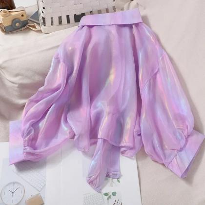 Holographic Sheer Organza Button-up Blouse..