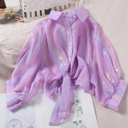 Holographic Sheer Organza Button-up Blouse..