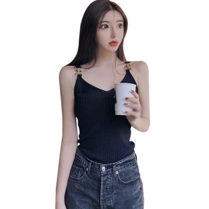 Womens Sleeveless Ribbed Knit Tank Top With Buckle..