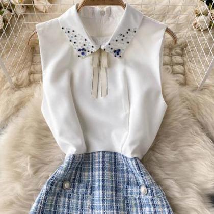 Elegant Plaid Tweed Skirt Suit With Embellished..
