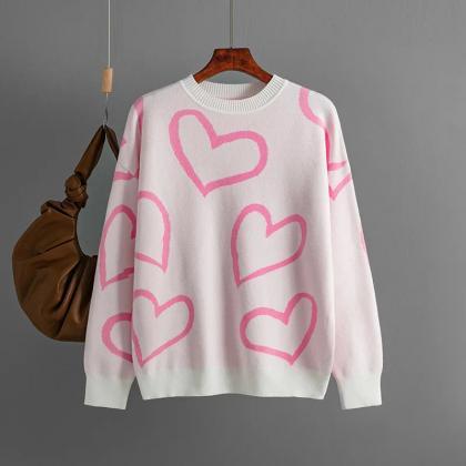 Casual Heart Print Crewneck Long Sleeve Sweaters