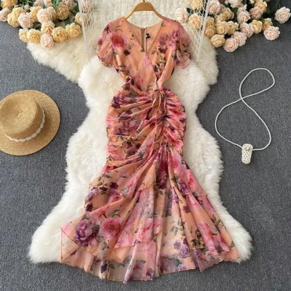Floral Ruched V-neck Midi Dress With Tie Waist