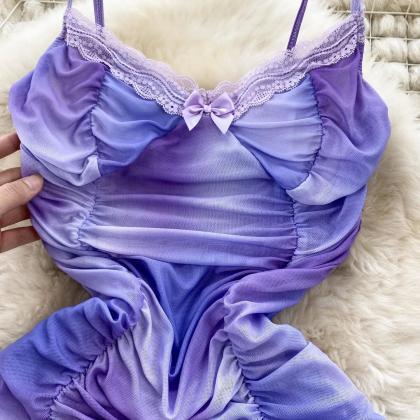 Womens Lavender Lace Trim Satin Cami Sleepwear Set