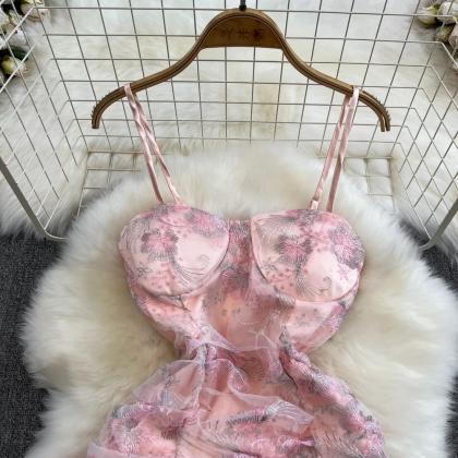 Womens Pink Floral Lace Bustier Mini Dress..