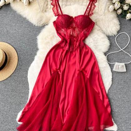 Elegant Red Lace Satin Slip Dress With Ruffle..