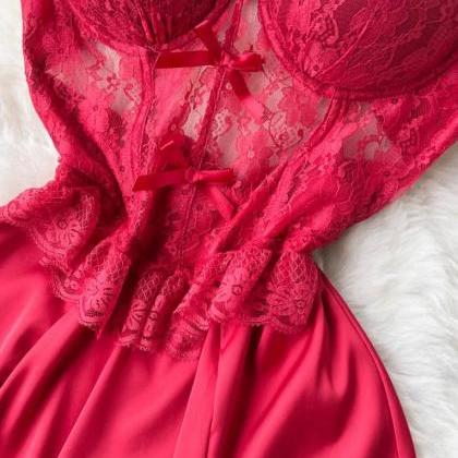 Elegant Red Lace Satin Slip Dress With Ruffle..