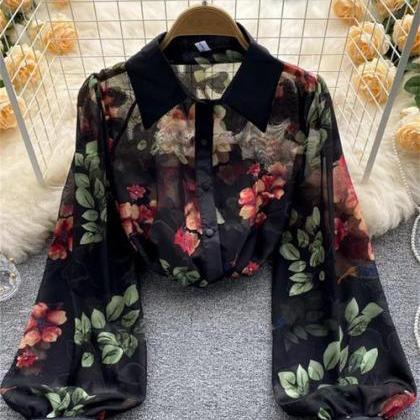 Womens Floral Print Sheer Blouse With Contrast..
