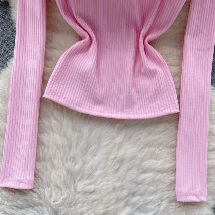 Pink Ruffled Collar Ribbed Blouse With Long..