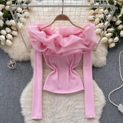 Pink Ruffled Collar Ribbed Blouse With Long..