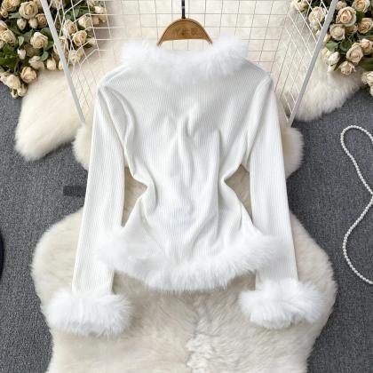 Womens Faux Fur Trim Knit Sweater Elegant Winter..