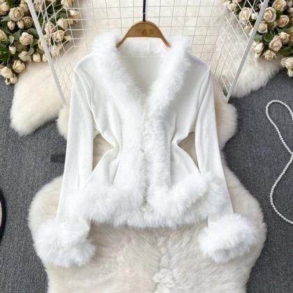 Womens Faux Fur Trim Knit Sweater Elegant Winter..