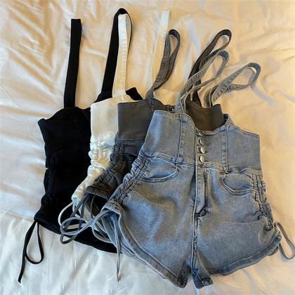 Womens Casual Denim Overalls Shorts With Pockets