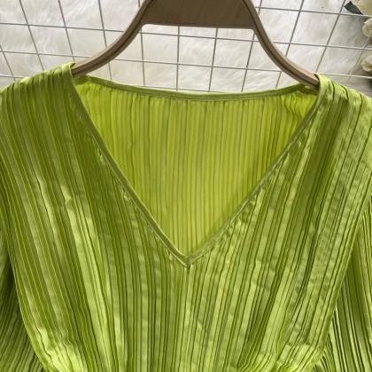 Womens Pleated Green Dress With Ruffle Detail And..