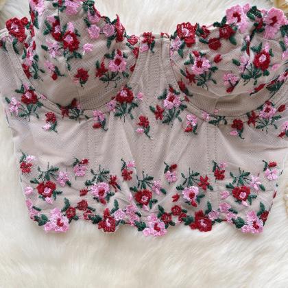 Floral Embroidered Sheer Mesh Lingerie Corset Top
