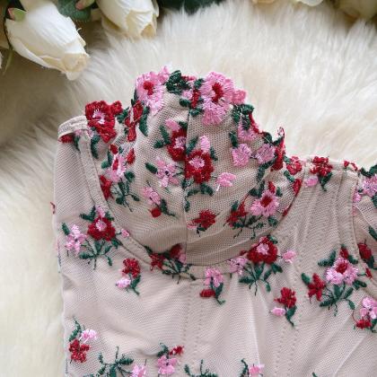 Floral Embroidered Sheer Mesh Lingerie Corset Top