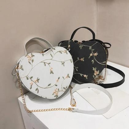 Embroidered Floral Heart-shaped Crossbody Handbags..
