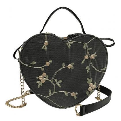 Embroidered Floral Heart-shaped Crossbody Handbags..