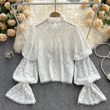 Elegant Lace Blouse With Pearl Collar Detailing