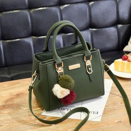 Elegant Brown Tote Handbag With Pom-pom Charm