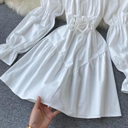 Womens Elegant Puff Sleeve White Dress With Corset