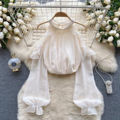Elegant Pearl Embellished Puff Sleeve Blouse Ivory