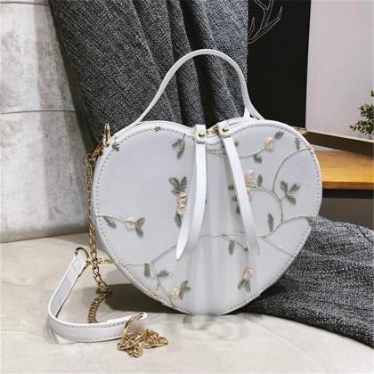 Embroidered Floral Round Crossbody Bag With Chain..