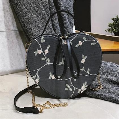 Embroidered Floral Round Crossbody Bag With Chain..