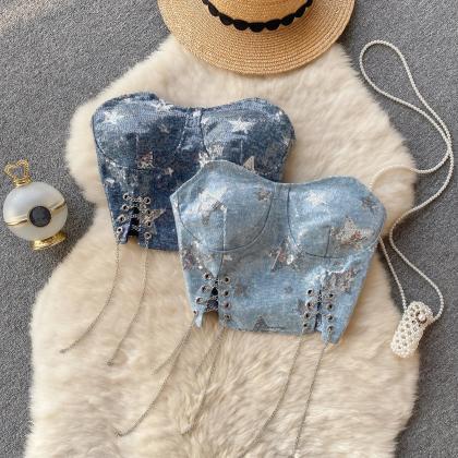 Womens Denim Corset Top With Star Patterns And..