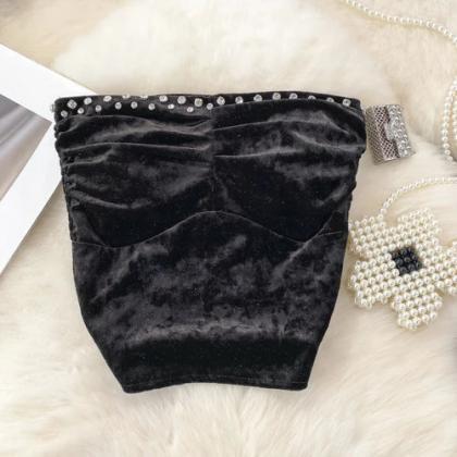 Velvet Studded Strapless Crop Tops In Three Colors