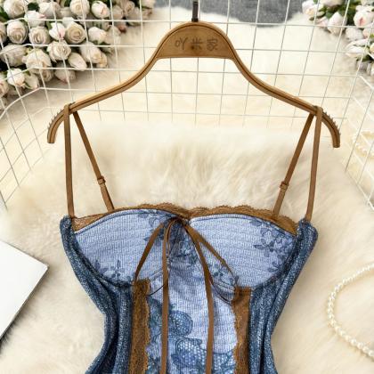 Vintage Denim Lace-up Corset Top With Ribbon..