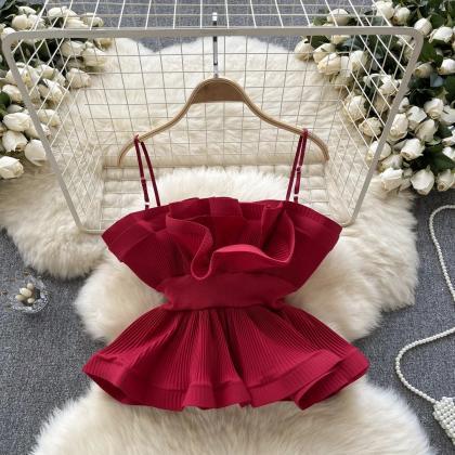 Womens Layered Ruffle Pleated Mini Dress In Red